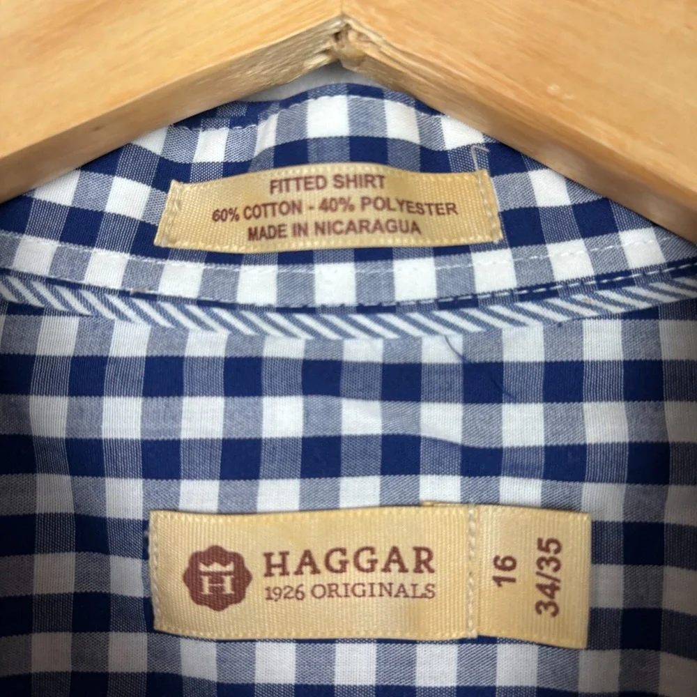Haggar Men's Button Up Dress Shirt Blue Checkered Collar Size 16 - 34/35 Gangham